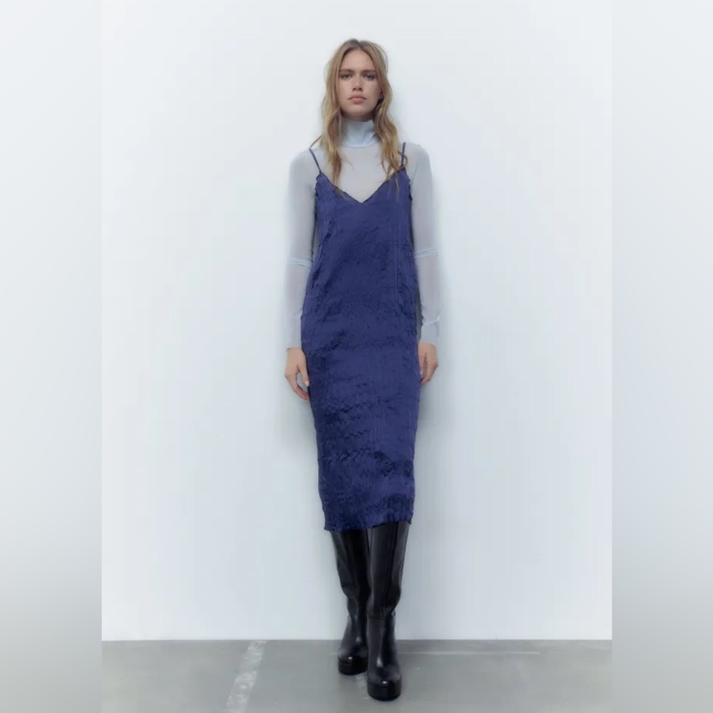 Zara | Deep Blue Wrinkled Satin Effect Midi Slip Dress | Size S